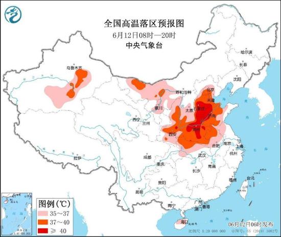 6月12日全國高溫落區(qū)預報圖。來源:中央氣象臺
