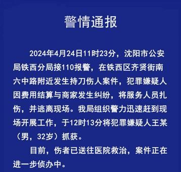 沈阳市铁西区发生一持刀伤人案件 犯罪嫌疑人已被抓获
