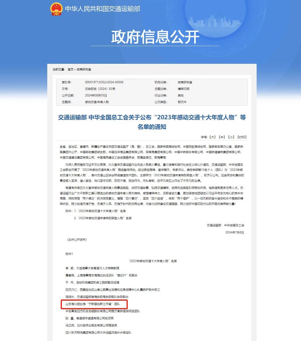 山東港口煙臺港“于新國創新工作室”團隊成功入選“2023年感動交通十大年度人物”