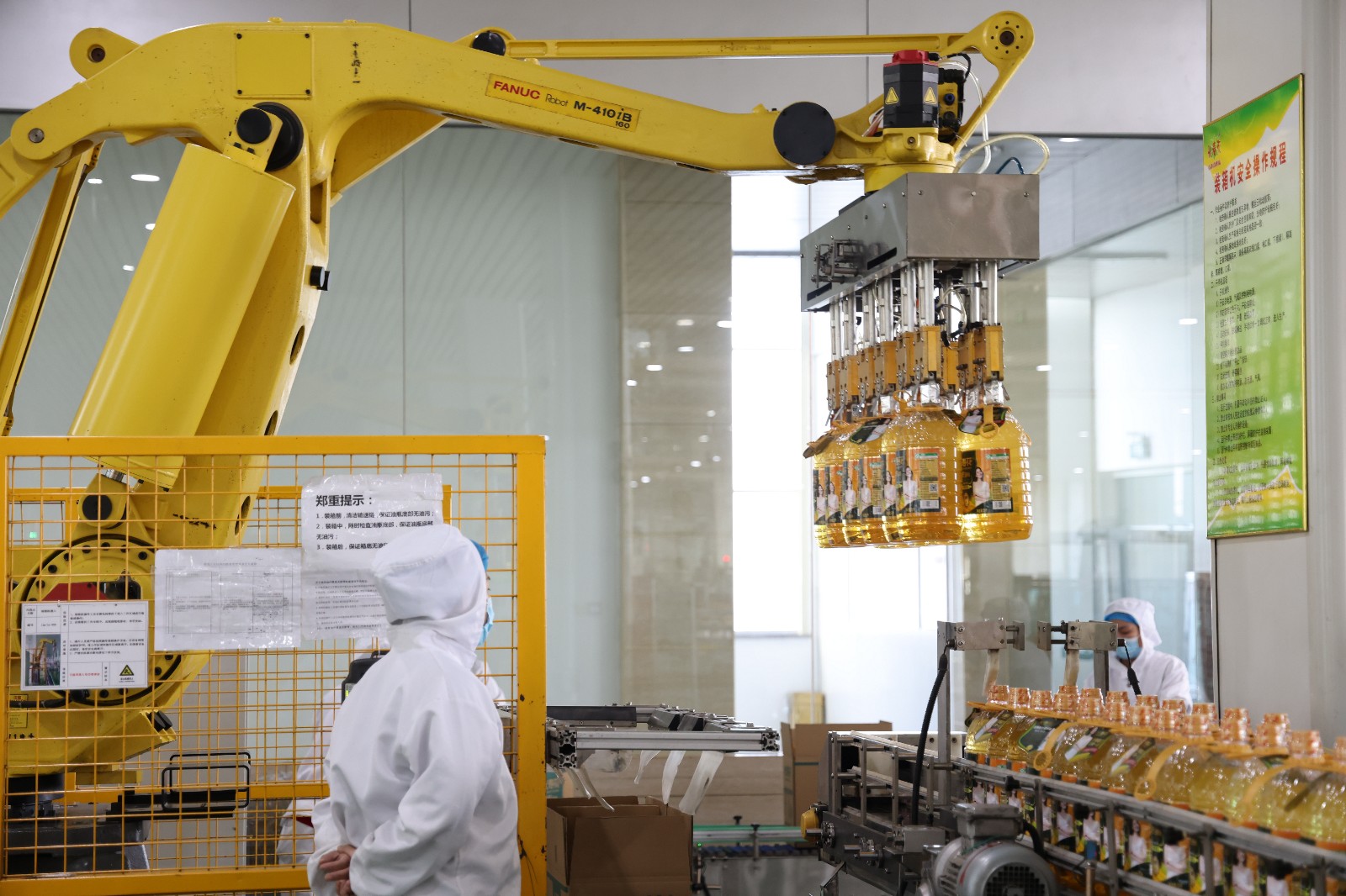 1月8日，在邹平市韩店镇长寿花食品股份有限公司玉米油生产线，工业机器人在抓取玉米油。